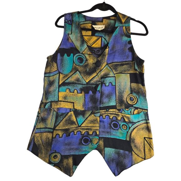 Vtg Acko International Mens Vest Green Blue Brown Pockets Geometric Lightweight - Picture 1 of 9